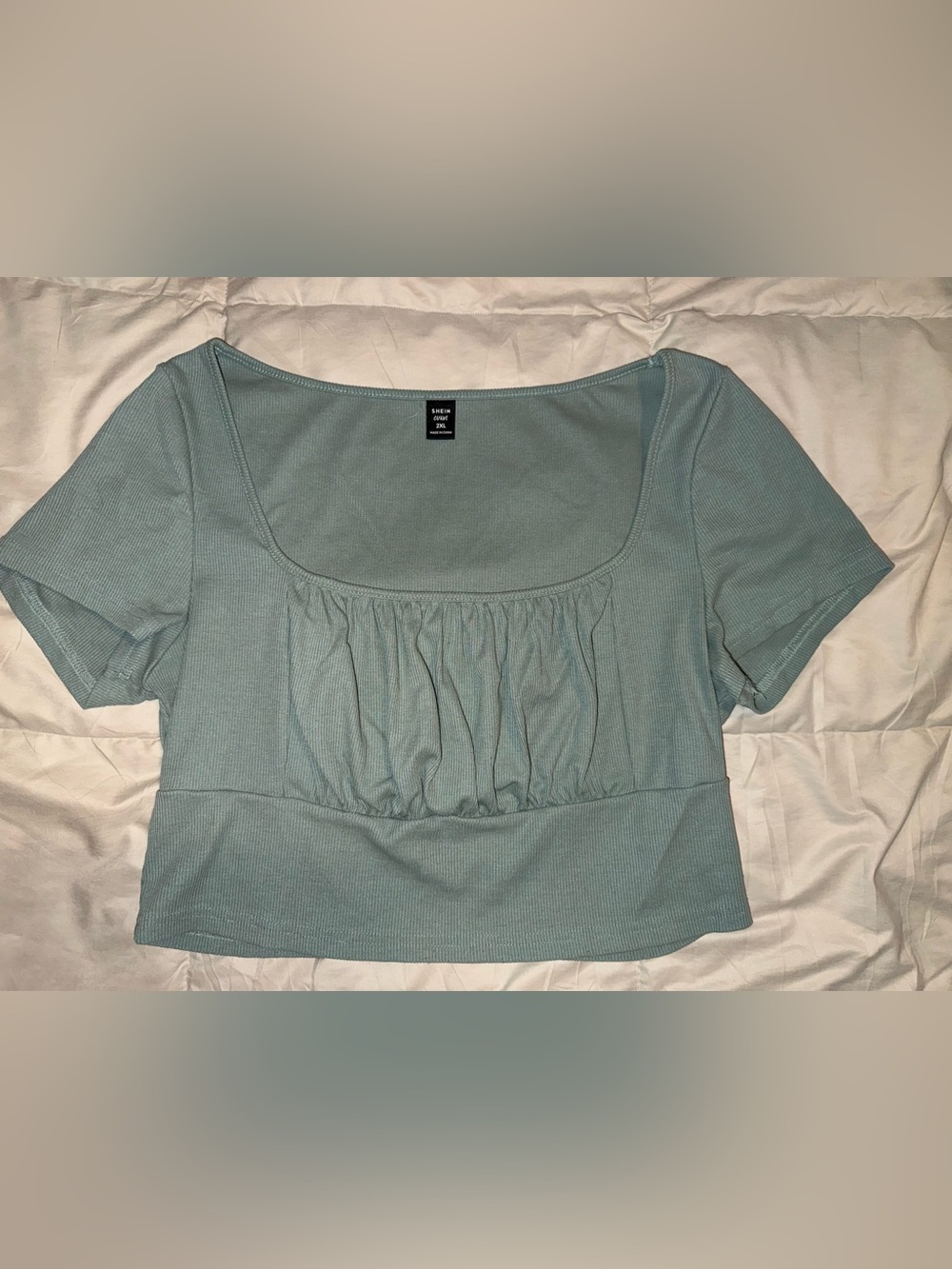 SHEIN Light Sage Ribbed Square-Neck Crop Top with Gathered Front